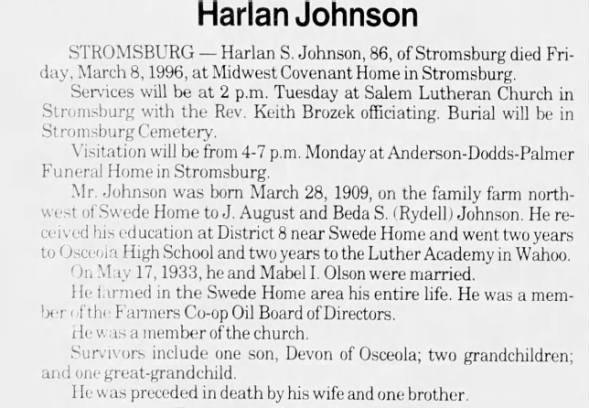 Obituary for Harlan S. Johnson, 1909-1996 (Aged 86)